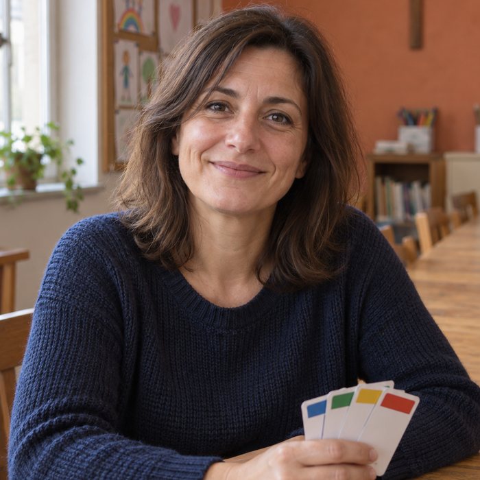 Giulia, catechista, al tavolo dell'oratorio con le carte