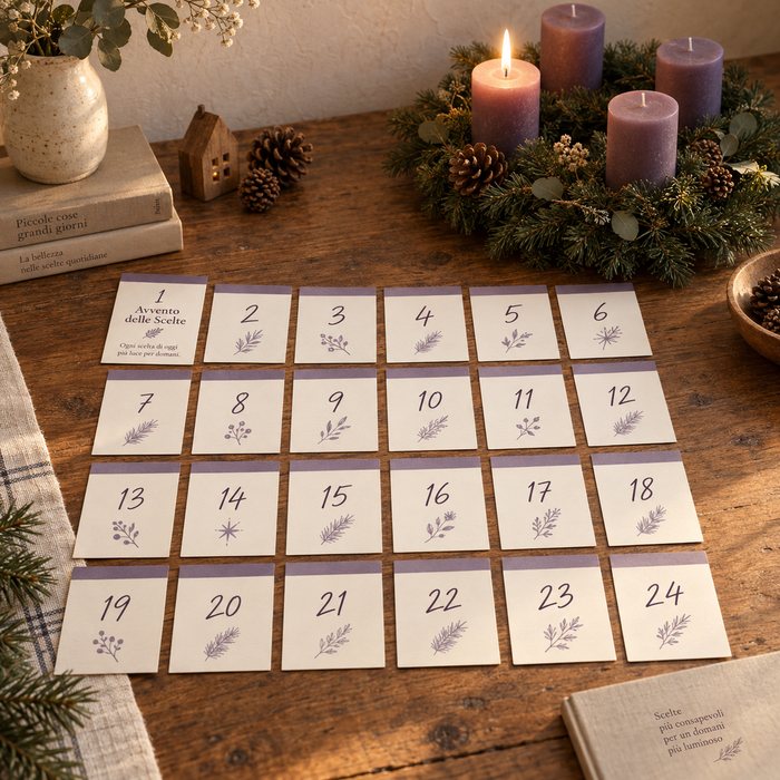 Le 24 mini-carte del Calendario d'Avvento delle Scelte con la corona d'Avvento