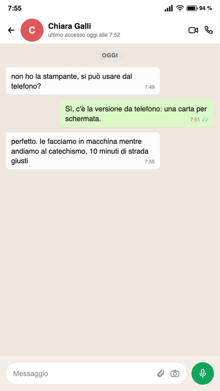 Messaggio WhatsApp di una mamma che usa le carte