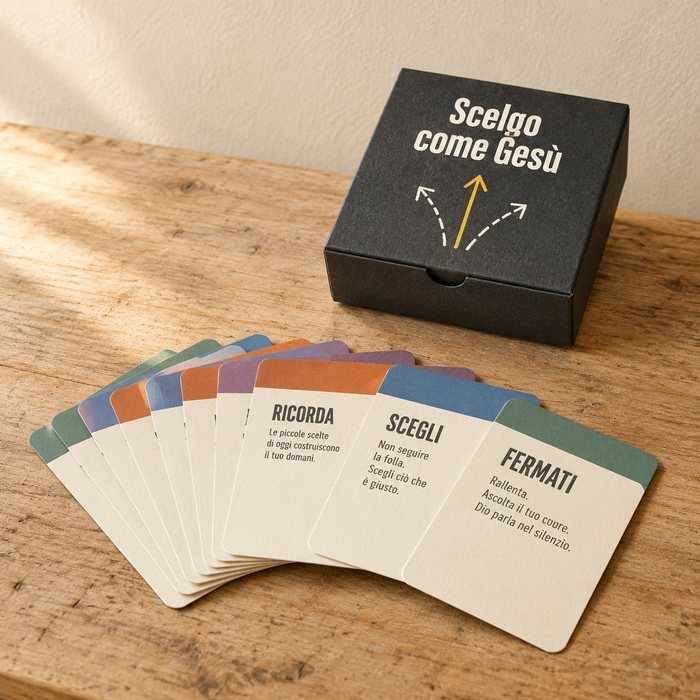 Il Mazzo delle 40 Scelte a ventaglio accanto alla scatolina Scelgo come Gesù