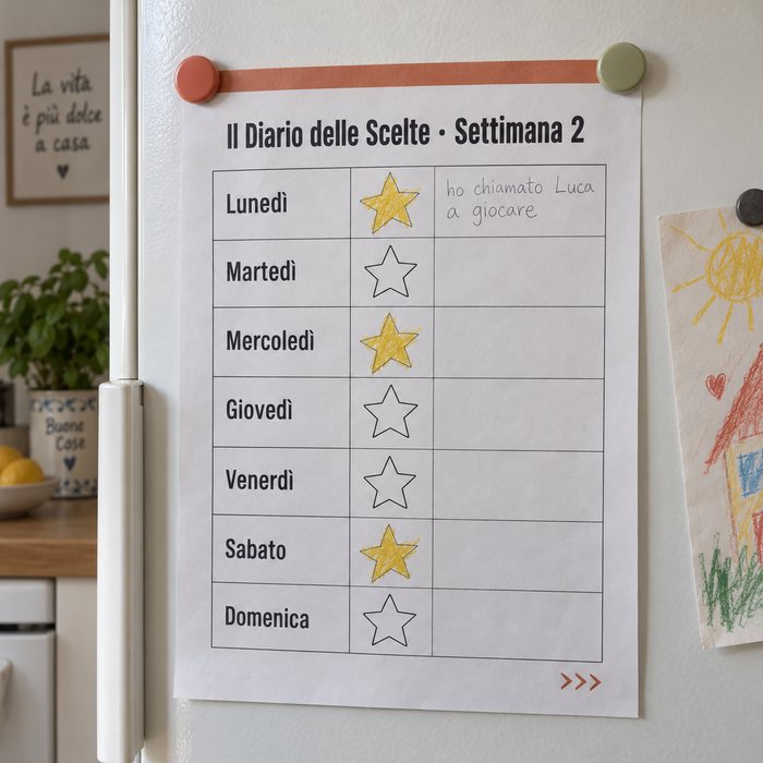 Il Diario delle Scelte appeso al frigo con tre stelle colorate